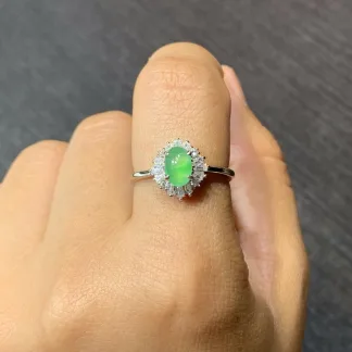 Icy Glowing Green Natural Jadeite Cabochon Ring — S925 Silver · No. 3630