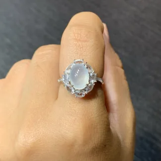 High-Icy Glowing Natural Jadeite Cabochon Ring — S925 Silver · No. 36D0