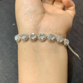 High-Icy Glowing Natural Jadeite Cabochon Bracelet — S925 Silver · No. 06D6