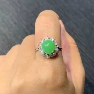 Icy Vivid Green Natural Jadeite Cabochon Ring — S925 Silver · No. 0427