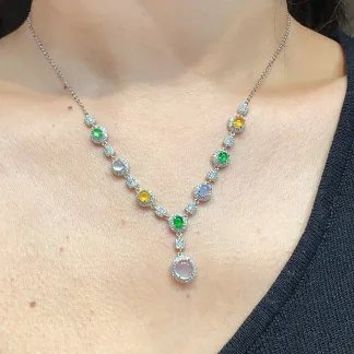 High-Icy Multicolor Natural Jadeite Cabochon Necklace — S925 Silver · No. 508D