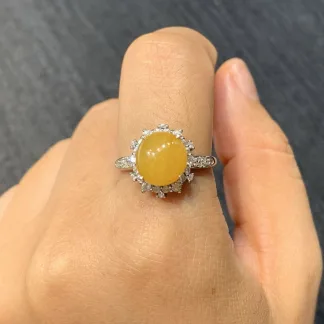 Honey Yellow Natural Jadeite Cabochon Ring — S925 Silver · No. 7431