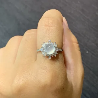 High-Icy Glowing Natural Jadeite Cabochon Ring — S925 Silver · No. 0B7B