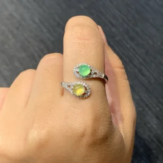 High-Icy Yellow and Green Twin Cabochon Natural Jadeite Ring — S925 Silver · No. 0E76