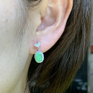 Icy Vivid Green Natural Jadeite Cabochon Drop Earrings — S925 Silver · No. D314