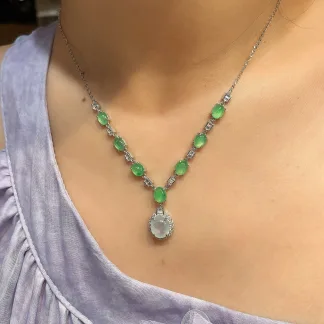 High-Icy Glowing White and Glowing Green Natural Jadeite Cabochon Necklace — S925 Silver · No. 2F51