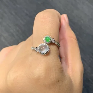 High-Icy White and Green Natural Jadeite Cabochon Ring — S925 Silver · No. FABA