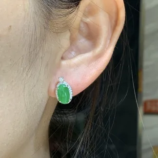 Icy Vivid Green Natural Jadeite Cabochon Stud Earrings — S925 Silver · No. 21AA