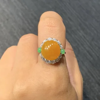 Icy Honey Yellow Natural Jadeite Cabochon Ring — S925 Silver · No. 4428