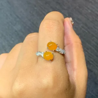 High-Icy Honey Yellow Natural Jadeite Twin Cabochon Ring — S925 Silver · No. C30E