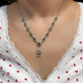 High-Icy Glowing White and Vivid Green Natural Jadeite Cabochon Necklace — S925 Silver · No. CFF2