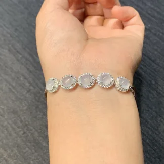 High-Icy Glowing Natural Jadeite Cabochon Bracelet — S925 Silver · No. DB28