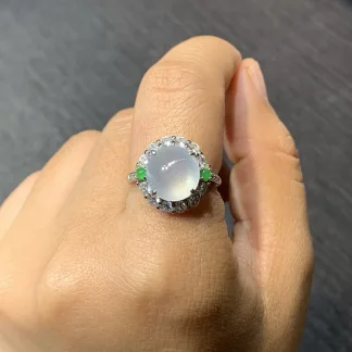 Icy Glowing Natural Jadeite Cabochon Ring — S925 Silver · No. E9A7