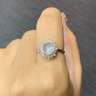 High-Icy Glowing Natural Jadeite Cabochon Ring — S925 Silver · No. FFB2