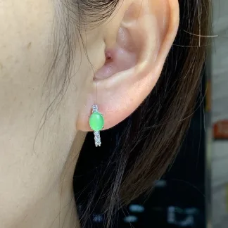 High-Icy Clear Green Natural Jadeite Cabochon Huggie Earrings — S925 Silver · No. 5A61