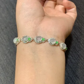 High-Icy Glowing White and Green Natural Jadeite Cabochon Bracelet — S925 Silver · No. 1384