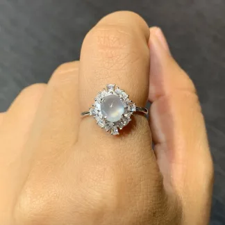 High-Icy Glowing Natural Jadeite Cabochon Ring — S925 Silver · No. 07E1
