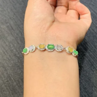 High-Icy Multicolor Natural Jadeite Bracelet — S925 Silver · No. 54D2