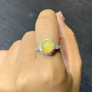 High-Icy Honey Yellow Natural Jadeite Cabochon Ring — S925 Silver · No. 06B8