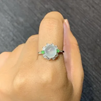 High-Icy Glowing Natural Jadeite Cabochon Ring — S925 Silver · No. C537