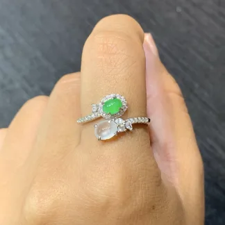 High-Icy White and Green Natural Jadeite Cabochon Ring — S925 Silver · No. 29C4