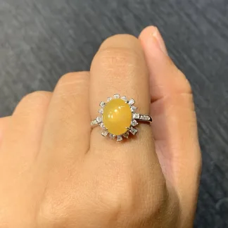 High-Icy Honey Yellow Natural Jadeite Cabochon Ring — S925 Silver · No. A713