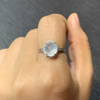 High-Icy Glowing Natural Jadeite Cabochon Ring — S925 Silver · No. F0F1