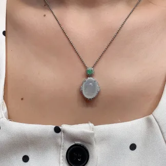 Icy Glowing Natural Jadeite Cabochon Pendant — S925 Silver · No. 394D