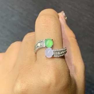 Icy Lavender and Green Natural Jadeite Cabochon Ring — S925 Silver · No. 1F5D