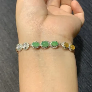 High-Icy Multicolor Natural Jadeite Cabochon Bracelet — S925 Silver · No. A649