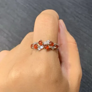 High-Icy Russet Red Natural Jadeite Multi-Stone Cabochon Band — S925 Silver · No. 4E60