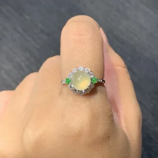 High-Icy Honey Yellow Natural Jadeite Cabochon Ring — S925 Silver · No. 368F