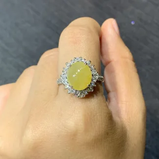 Icy Honey Yellow Natural Jadeite Cabochon Ring — S925 Silver · No. F313