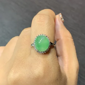 Icy Vivid Green Natural Jadeite Cabochon Ring — S925 Silver · No. 58A6