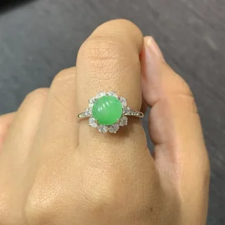 Vivid Green Natural Jadeite Cabochon Ring — S925 Silver · No. F1AE