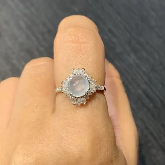 High-Icy Glowing Natural Jadeite Cabochon Ring — S925 Silver · No. 4343