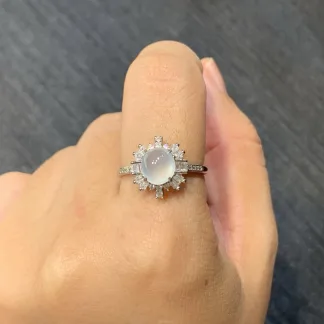 High-Icy Glowing Natural Jadeite Cabochon Ring — S925 Silver · No. D96C