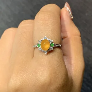 High-Icy Honey Yellow Natural Jadeite Cabochon Ring — S925 Silver · No. EB8D