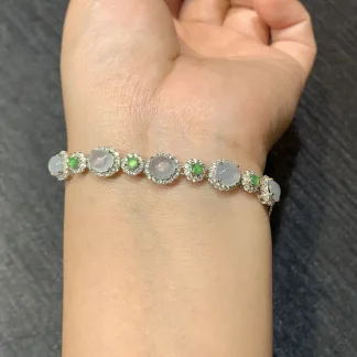 High-Icy Glowing and Green Natural Jadeite Cabochon Bracelet — S925 Silver · No. 8699
