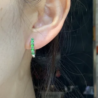 Icy Vivid Green Natural Jadeite Cabochon Huggie Earrings — S925 Silver · No. 439C