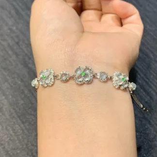 High-Icy Glowing White Four-Leaf Clover Natural Jadeite Cabochon Bracelet — S925 Silver · No. 01BB