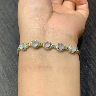 High-Icy Glowing White and Green Natural Jadeite Cabochon Bracelet — S925 Silver · No. ECDC