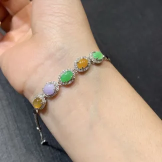 Multicolor Natural Jadeite Cabochon Bracelet — S925 Silver · No. ACAC