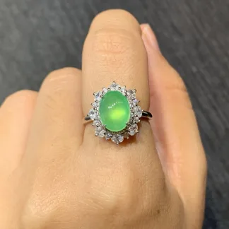 High-Icy Glowing Green Natural Jadeite Cabochon Ring — S925 Silver · No. FA8B