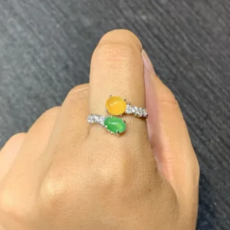 High-Icy Yellow and Green Natural Jadeite Cabochon Ring — S925 Silver · No. B575