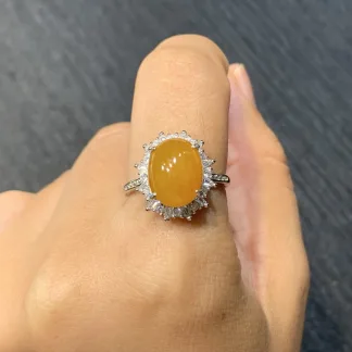 Icy Honey Yellow Natural Jadeite Cabochon Ring — S925 Silver · No. B3E1