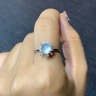 High-Icy Glowing Natural Jadeite Cabochon Ring — S925 Silver · No. 5C3F