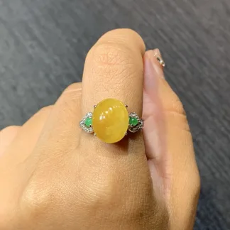 Honey Yellow Natural Jadeite Cabochon Ring — S925 Silver · No. 28FD