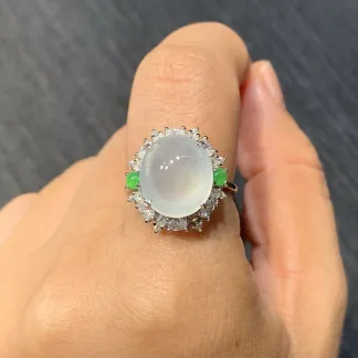 High-Icy Glowing Natural Jadeite Cabochon Ring — S925 Silver · No. EB95