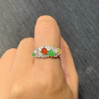 High-Icy Multicolor Natural Jadeite Cabochon Ring — S925 Silver · No. 921A